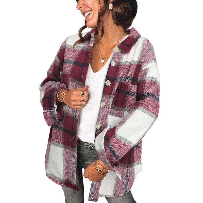 Female Autumn Plaid Shirt - wine red