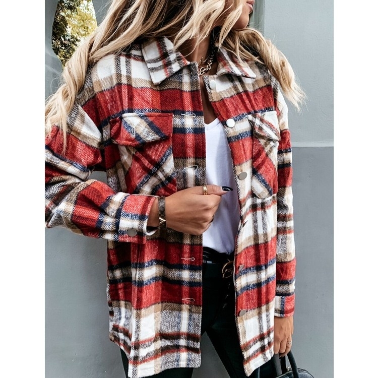 Long-sleeved Plaid Jacket - red grid