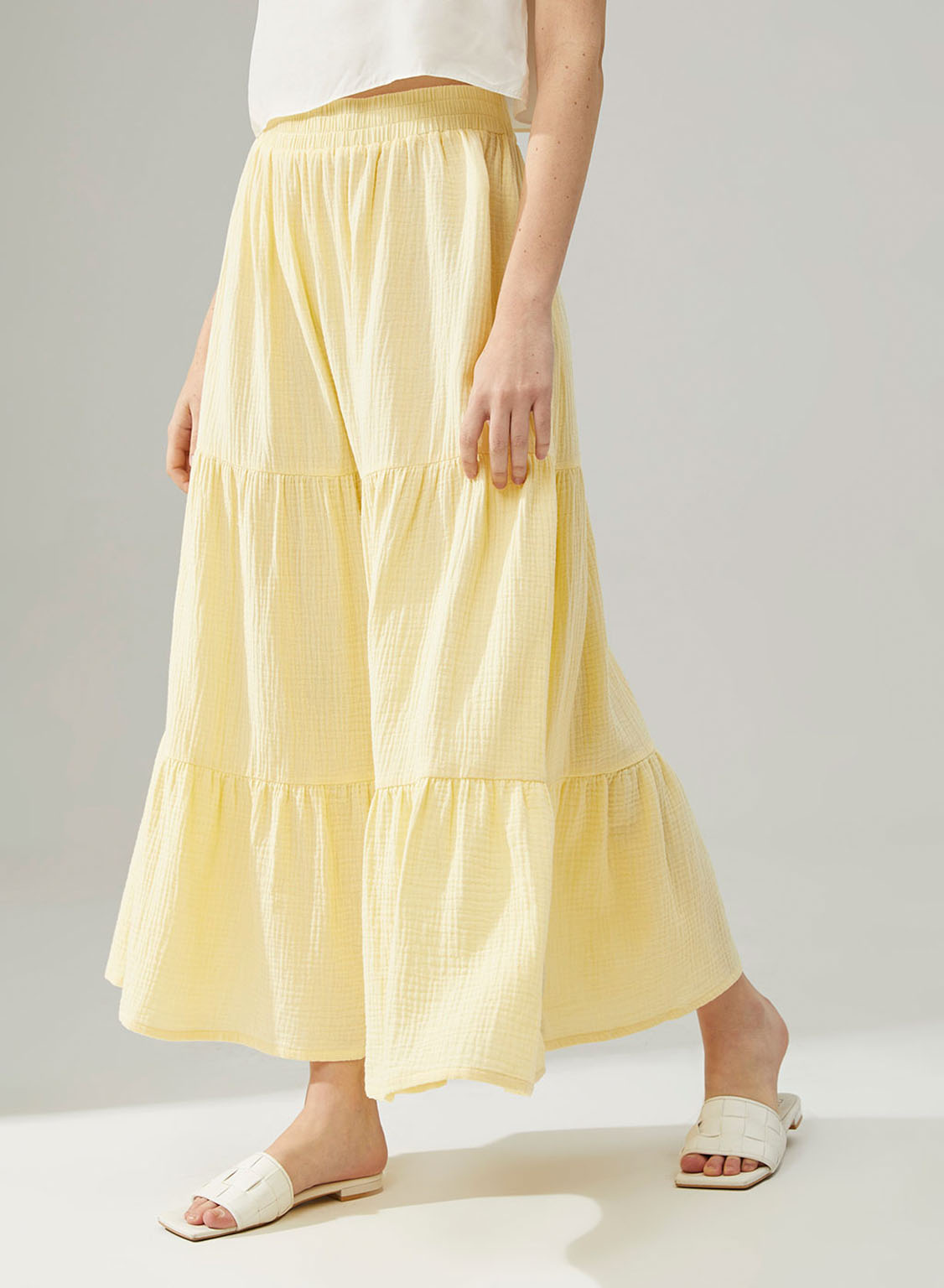 Tiered 100% Cotton Maxi Skirt Light Yellow